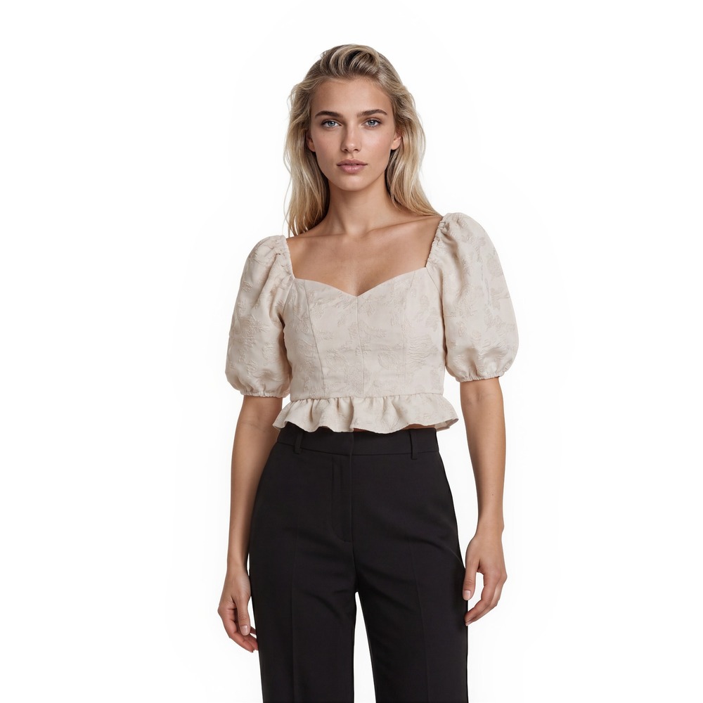 DO + BE Anthropologie Crop Top Blouse Women's Size Medium Cream Puff Sleeve